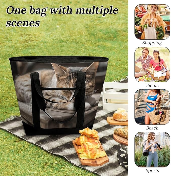 Insulated Shopping BagLarge Reusable Cooler Bags Cat Sleeping Printed Foldable Shopping BagTravel Waterproof Shoulder Bag