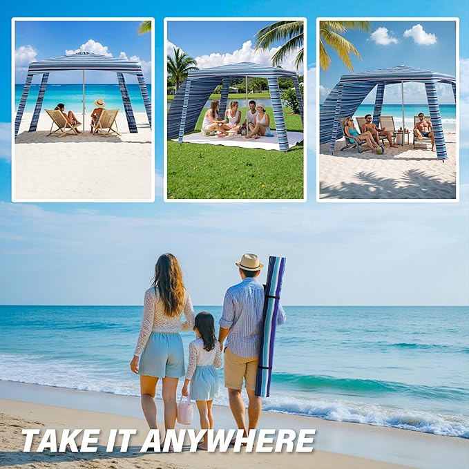 Beach Cabana-6.6x6.6’Beach Canopy with Side WallPortable Umbrella Tent with Sand Pockets for Family &amp FriendsEasy Up Beach Sun Shelter for Outdoor PatiosBackyardsand CampingStripe