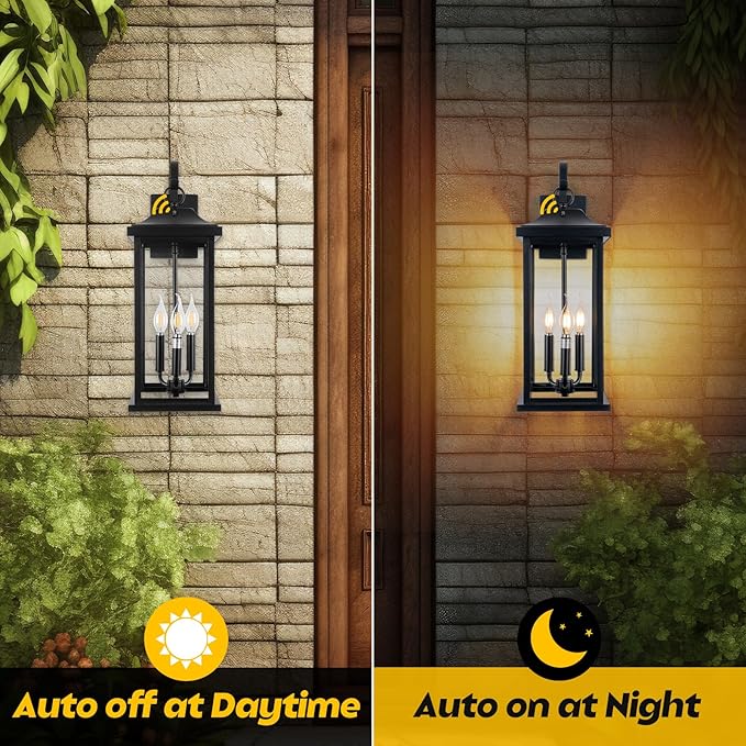 2-Pack Dusk to Dawn Outdoor Lighting 23 Inch Extra Large 3-Light Modern Black Outdoor Wall Lights Exterior Lighting Fixtures IP65 Waterproof Outdoor Lanterns Photocell Sensor E12