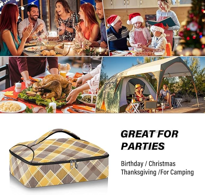 Casserole Carrier Print Yellow and Brown Tartan Insulated Casserole Carrier for Hot or Cold Food Thermal Lunch Tote for Parties Picnic Travel Carry Bag