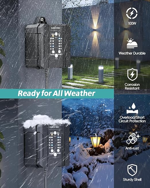 HIBOITEC 100W Low Voltage Landscape Transformer with 1-12H Timer and Photocell Sensor 120V AC to 12V DC Weatherproof Landscape Lighting Transformers for Outdoor LED Lights Spotlight Garden Light