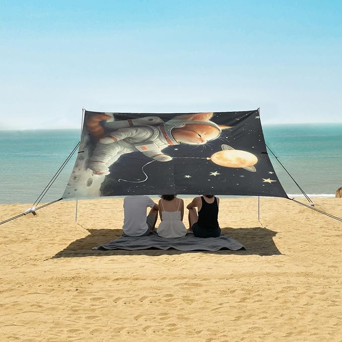 ALAZA Cat Kitten Astronaut Beach Tent Sun Shelter UPF50+ Protection Beach Shade Canopy w/ 4 Sandbags for Outdoor Camping Fishing Backyard Fun Picnic 10x9 ft