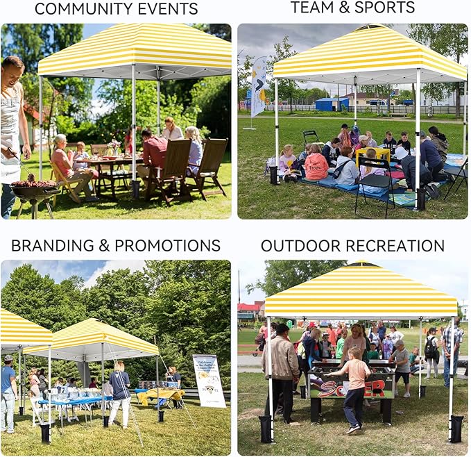 Nazhura 10' x 10' Pop Up Canopy with Sand Weight Bag Awing for Patio Freestanding Sun Shelter for Picnic and Camping One Person Setup White (Yellow Stripe)