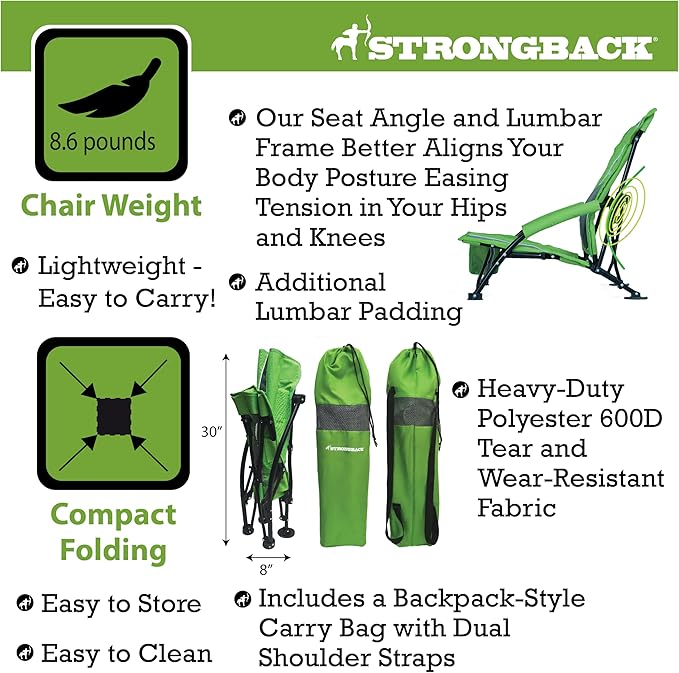 STRONGBACK Low Gravity Beach Chair with Built-in Lumbar Back Support - Heavy Duty Portable Folding Beach Chair for Adults - Lime Green