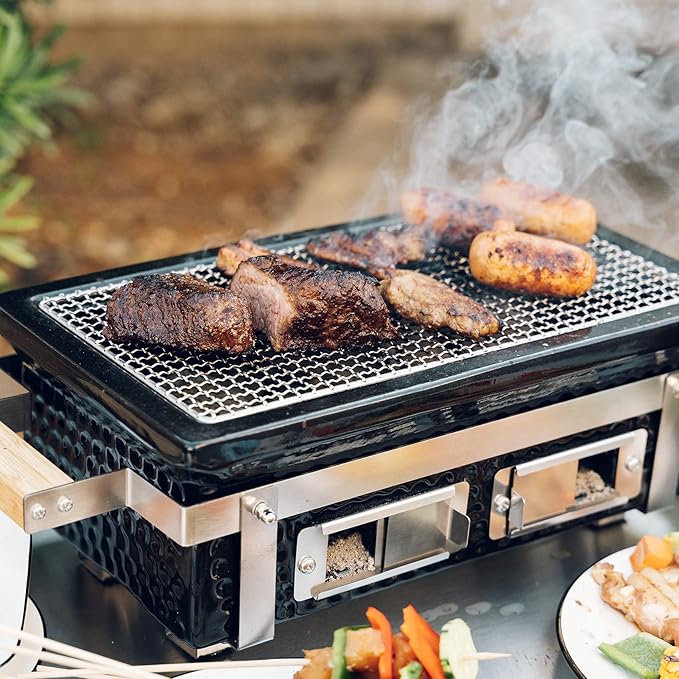 Charcoal BBQ Hibachi Grill with Grid Lifter Portable Yakitori Grill with Stainless Steel Grate Barbecue Stove for Outdoor Camping Picnic Patio Backyard Cooking GS306