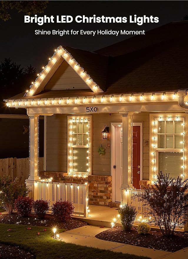 C9 68Ft Led Christmas String Lights 100 LED with Quick Clips Outdoor Waterproof Strawberry Lights Commercial Grade Extendable for Indoor Outside Roofline Patio Home Xmas Decoration Warm White