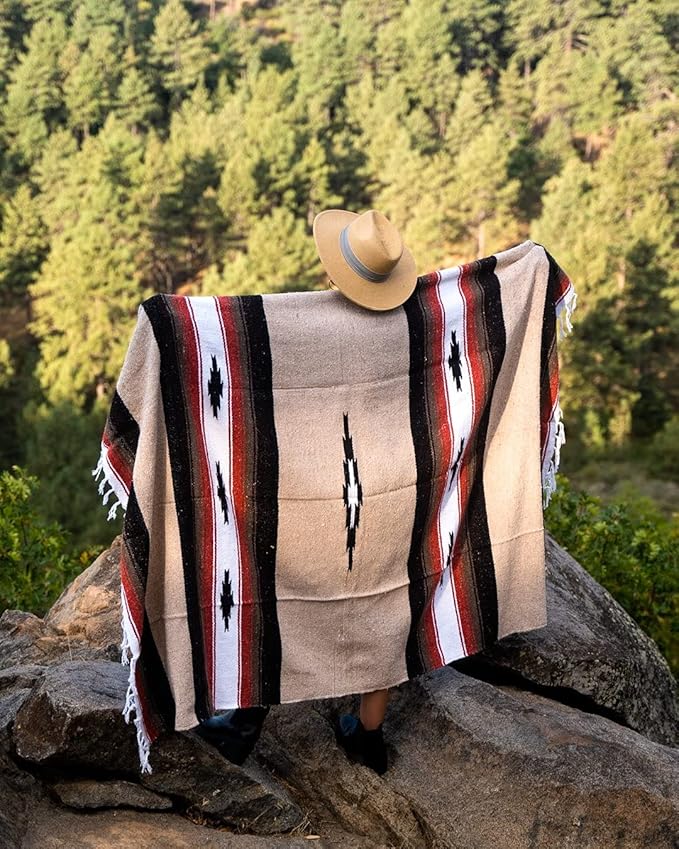 Open Road Goods Tan/Khaki Mexican Yoga Blanket - Thick Diamond Serape with Orange and Brown Stripes