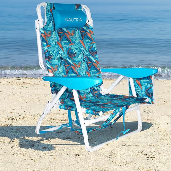 Nautica - Beach Chair Five Position Backpack Chair Portable &amp Adjustable with Padded Pillow and Cup Holders and Attached Insulated Cooler Bag (Fiji Beach)