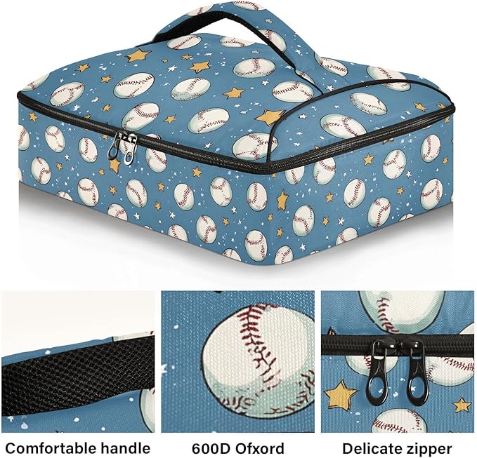 Casserole Carrier Baseballs and StarInsulated Casserole Carrier for Hot or Cold Food Thermal Lunch Tote for Potluck Parties Picnic Beach Fits 9 x 13 Inches Baking Dish