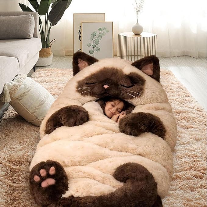 Plush Cat Print Envelope Sleeping Bag | 175x80cm Indoor Wearable Cat Sleeping Bags for Adult | Cute Animal Shaped Blanket| Winter Plush Sleep Sack