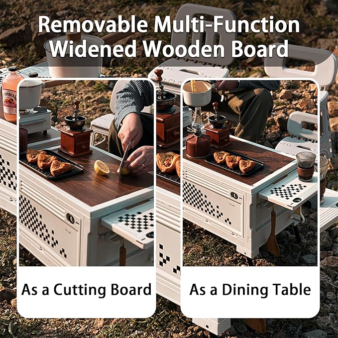 Folding Camping Storage Box with Wooden Table Board Multi-functional Collapsible Camp Kitchen Box 56L Storage Bin for Trunk Organizer for Outdoor Picnic Car RV Storage and Organization