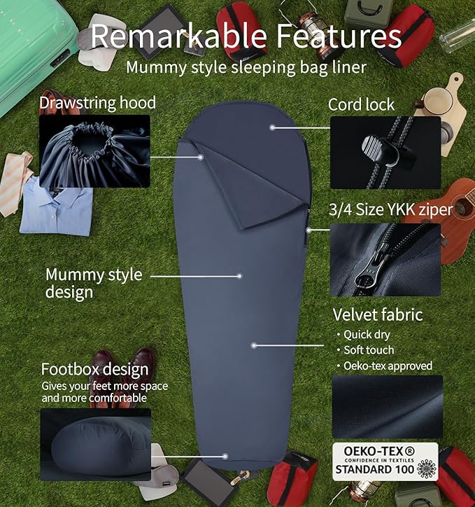 Litume Velvet Velour Sleeping Bag Liner Add Up to 14°F/ 8°C Mummy Sleeping Sack Backpacking Camping Traveling Hotel Hostal Lightweight Sleep Sack with Drawstring Hood E625