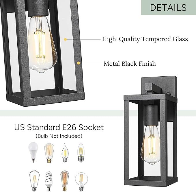 Outdoor Wall Sconce Light 13 Black Outdoor Wall Lantern with Clear Glass Weather Resistant Porch Light for House E26 Base Exterior Lighting Fixture for Garage Entryway Patio (Black 2 Pack)