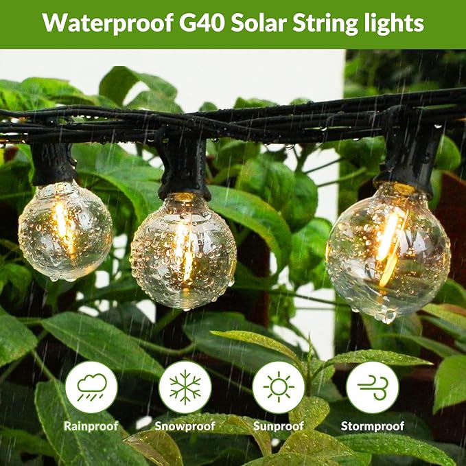 50FT Solar String Lights Waterproof LED Outdoor String Lights G40 Globe Patio Lights Solar Powered with 27 Shatterproof E12 Bulbs 2700K Solar Lights for Outside Porch Garden Backyard Party Decor