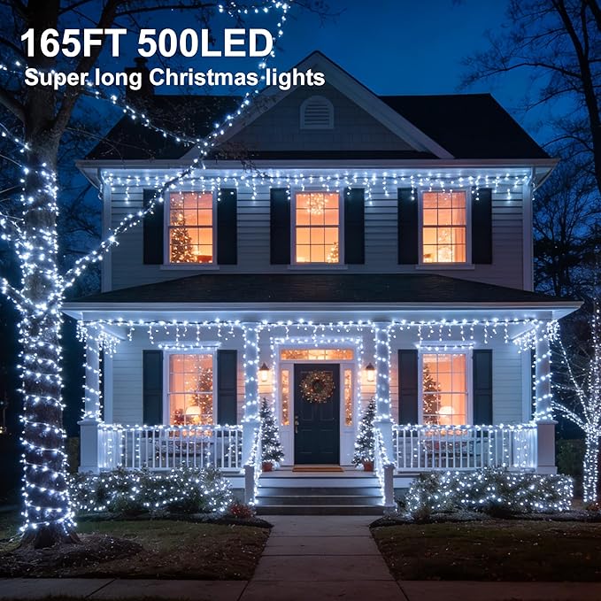 LED String Lights 165FT 500LED 30V Plug in Waterproof String Lights with 8 Modes for Indoor and Outdoor Party Wedding Home Patio Lawn Garden Supplies (Cool White)