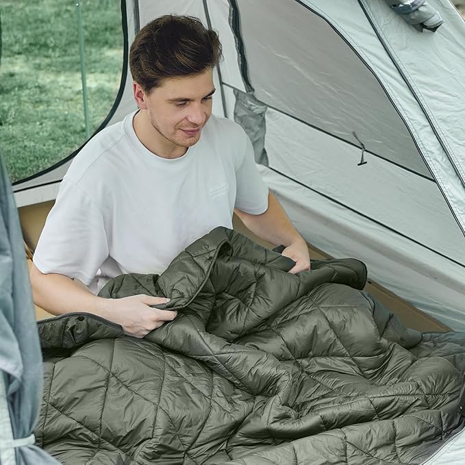 Camping Blanket - Packable Ultra Warm and Lightweight with Snap Button Backpacking Quilt for Sleeping Outdoors Travel and Indoor Use - Olive Green