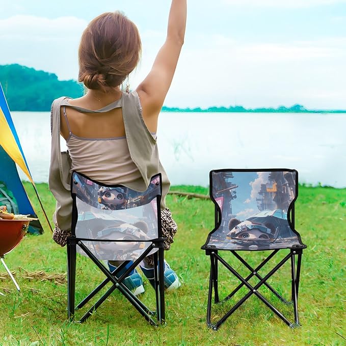 KLL Cartoon Cute Panda Style Folding Portable Beach Chairs for Traveling Ultralight Camping Chair with Carrying Bag Portable Chair for Waiting in Line for Travel Hiking