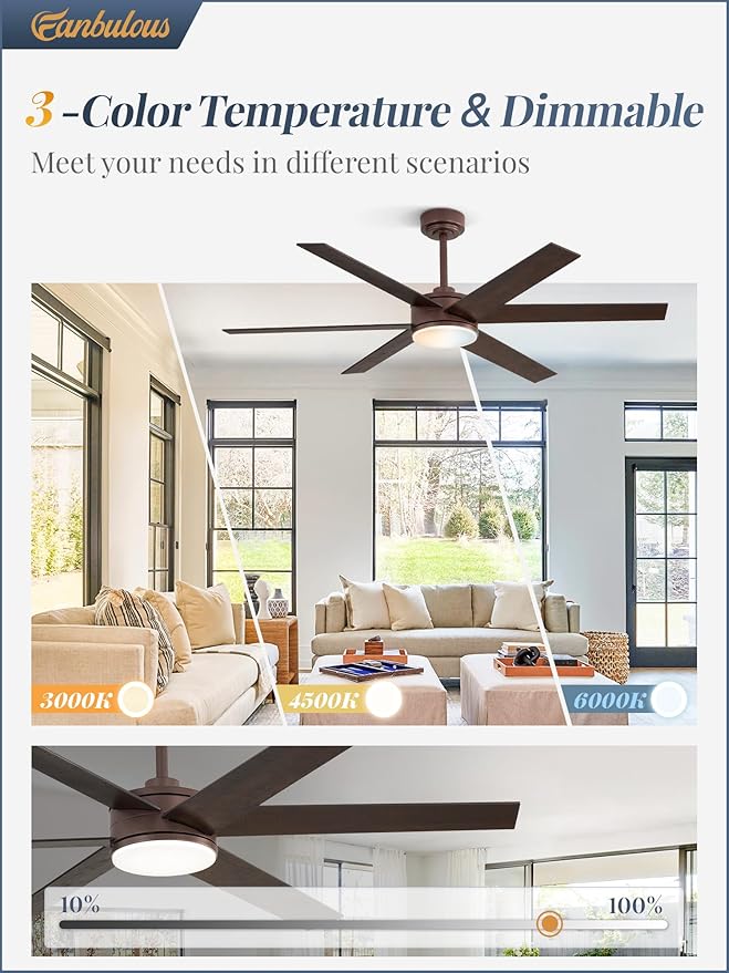 Fanbulous 56 Inch Ceiling Fans with Lights and Remote Reversible 6 Blades Dimmable 3000K-6000K Adjustable Outdoor Ceiling Fans for Patios Large Ceiling Fan for Indoor or Covered Outdoor-Brown