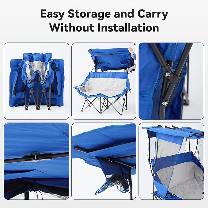 Double Camping Chairs with Canopy Shade Folding Beach Chair Heavy Duty Oversized Outdoor Padded Loveseat Chair 2 Person with Removable Roof Cup Holders Side Pockets Portable Carry BagBlue