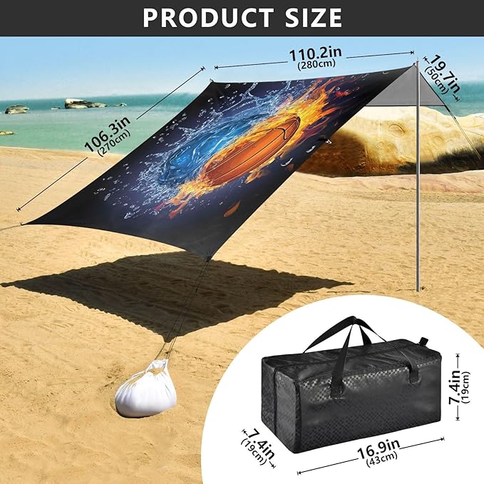 ALAZA Firring Basketball Water Beach Tent Sun Shelter UPF50+ Protection Beach Shade Canopy w/ 4 Sandbags for Outdoor Camping Fishing Backyard Fun Picnic 10x9 ft