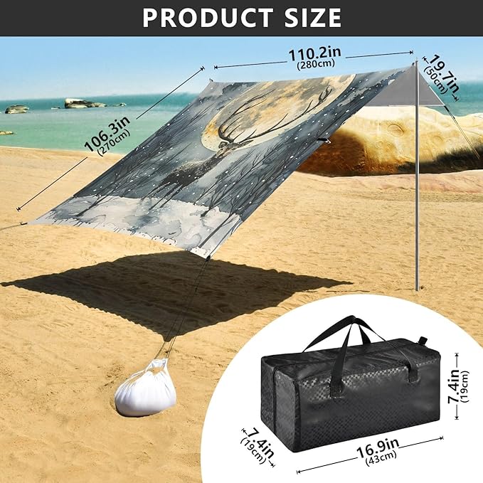 ALAZA Watercolor Moon Winter Deer Beach Tent Sun Shelter Portable Canopy Sunshade for Outdoor Camping Picnics Backyard Fun 10x9 ft