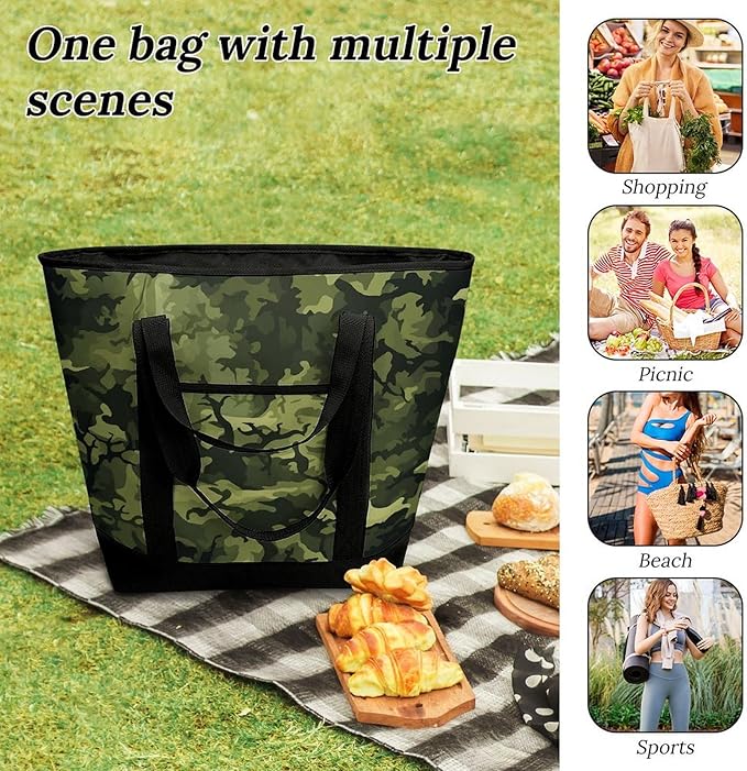 Insulated Shopping BagLarge Reusable Cooler Bags Camo Woodland Camoflage Printed Foldable Shopping BagTravel Waterproof Shoulder Bag