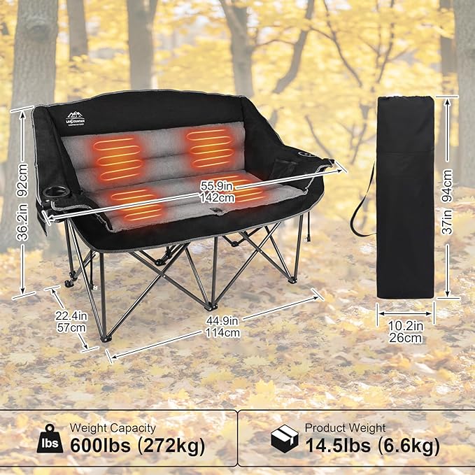 Heated Double Camping Chairs3 Heat Levels Padded Portable Loveseat w/Wine Glass HolderCup HolderHeating Outdoor Camp Couch Support 600 LbsBlackBattery NOT Included