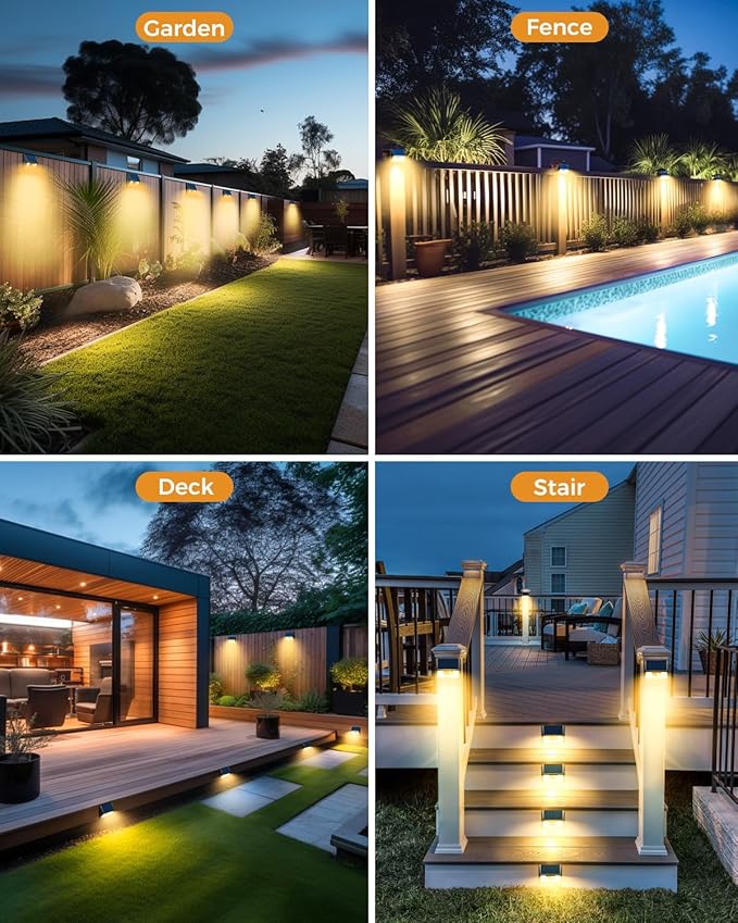 12 Pack Solar Fence Lights Motion Sensor Deck &amp Wall Lights - Warm White LED Wireless Waterproof Outdoor for Yard Steps &amp Garden - Black