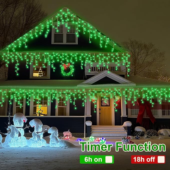 QITONG Green Icicle Lights 33ft 400 LED String Lights Outdoor with 8 Modes Clear Wire Connectable Christmas Lights Plug in Indoor