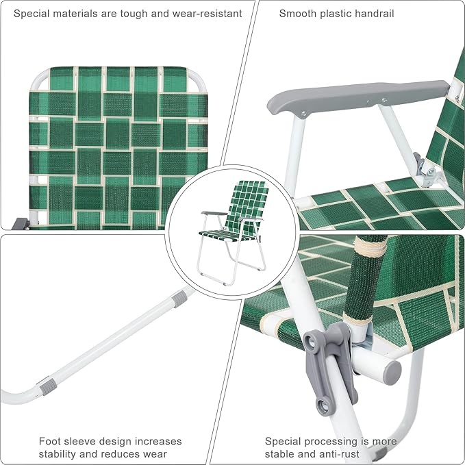 Bonnlo Foldable Patio Chair Set of 2 Heavy-Duty Steel Frame Supports 265 lbs/120 kg Ultra-Lightweight Portable for Travel Poolside Camping Beach (Green Crisscross Weave)