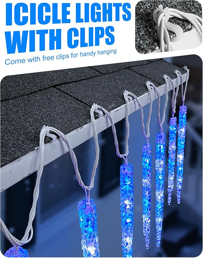 Minetom Icicle Lights Outdoor with Clips 2 Pack Total 40ft 200 LED 40 Tubes Twinkling Connectable Hanging Ice Shape Christmas String Lights Plug in for Eave Holiday Outdoor Blue and White
