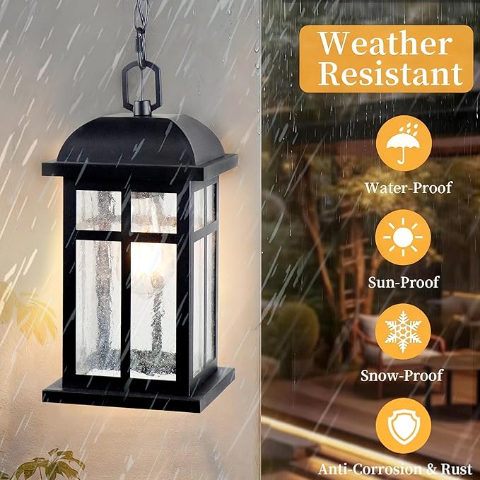 Outdoor Pendant Light for Porch Farmhouse Exterior Pendant Lantern Matte Black Outside Modern Hanging Porch Light with Seeded Glass for Door Patio Entryway Gazebo Breezeway Pergolas Yard