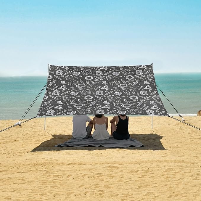 Camping Sun Shelters Chalk Drawn Sketches Numbers and Scribbles Beach Canopy 126 * 110.2in
