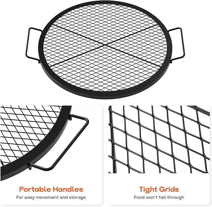 onlyfire Round Fire Pit Grill Grate Heavy-Duty Steel Cooking Grate with X-Marks Design Portable Campfire Grill for Outdoor BBQ Camping Picnics - 24 Inch