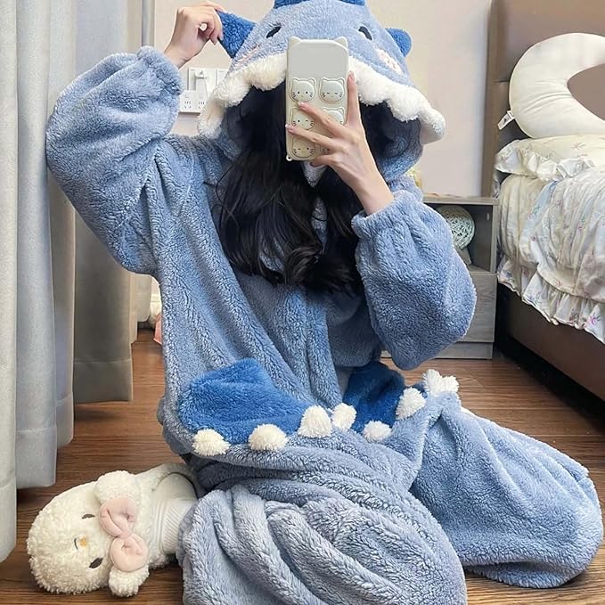 Warm one-piece blanket pajamas in autumn and winter cute shark capybara robe hooded coral velvet padded velvet home clothes.