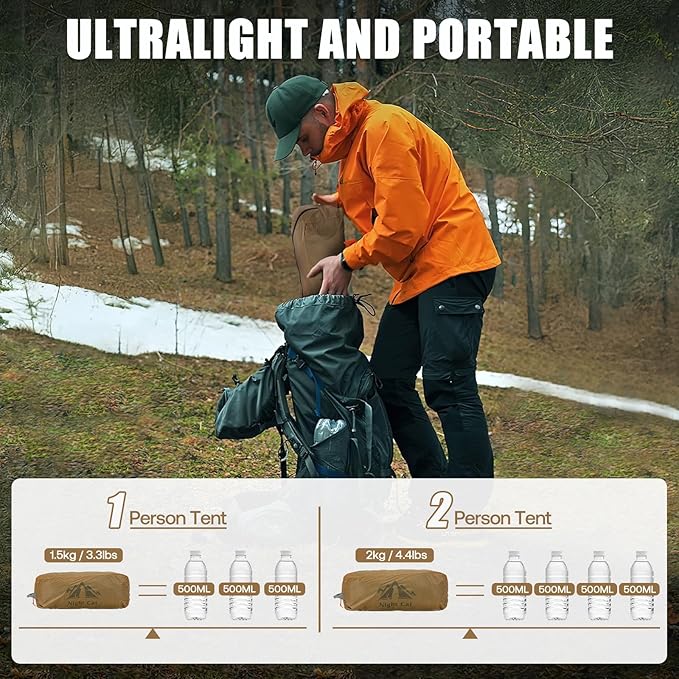 Night Cat Ultralight Tunnel Tent: Waterproof Lightweight Two People Backpacking Tent for Outdoor Camping Hiking Treeking with Double Layers Aluminum Poles and Footprint