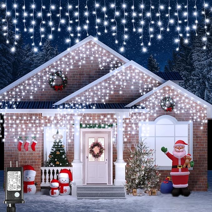 Icicle Lights for Outside 33FT 400 LED Icicle Christmas Lights Outdoor with 8 Modes 75 Drops Waterproof Plug in Curtain String Lights for Indoor House Yard Wedding Xmas Holiday Decorations White