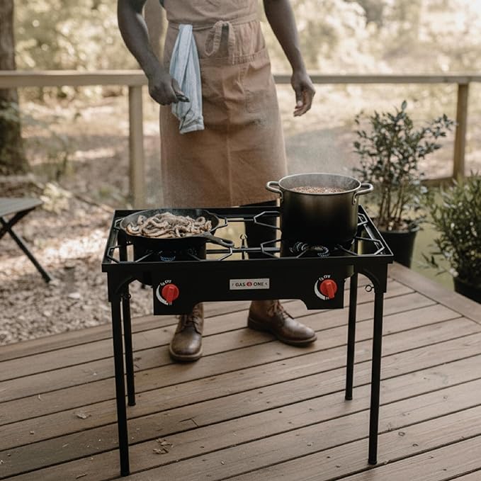 Gas One Propane Double Burner Two Burner Camp Stove Outdoor High Pressure Propane 2 Burner Adjustable PSI Regulator and 4ft Hose With Removable Legs