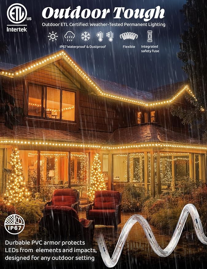 WYZworks 2190LEDs 25ft LED 3/8” Warm White Rope Light w/ 8 Mode Controller Flickering Fading Pulsing Outdoor Waterproof Extendable PVC Tube ETL Certified Holiday Accent Lighting Backyard Patio
