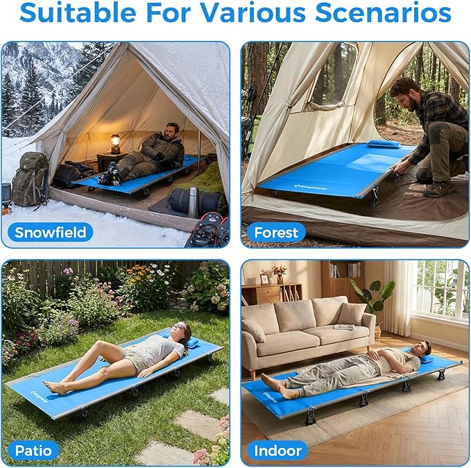 KingCamp Ultralight Camping Cot Portable Folding Tent Camping Cot 265 Lbs Heavy Duty Sleeping Cot with Pillow for Adults Outdoor Backpacking Travel Hiking Blue