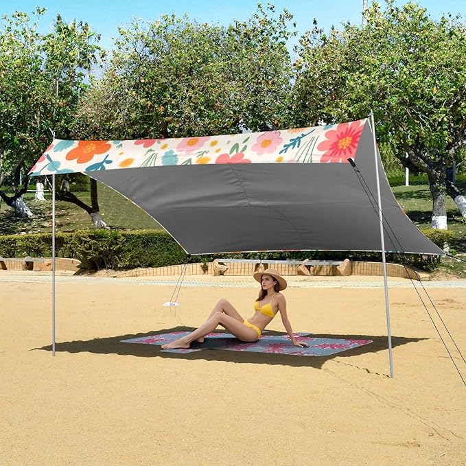 Cute Small Flowers Beach Tent Sun Shelter 9.2' x 10.5' Beach Canopy with 4 Sandbags 4 Stability Poles Sand Shovels - Tent Canopy for Beach Camping Fishing Picnics