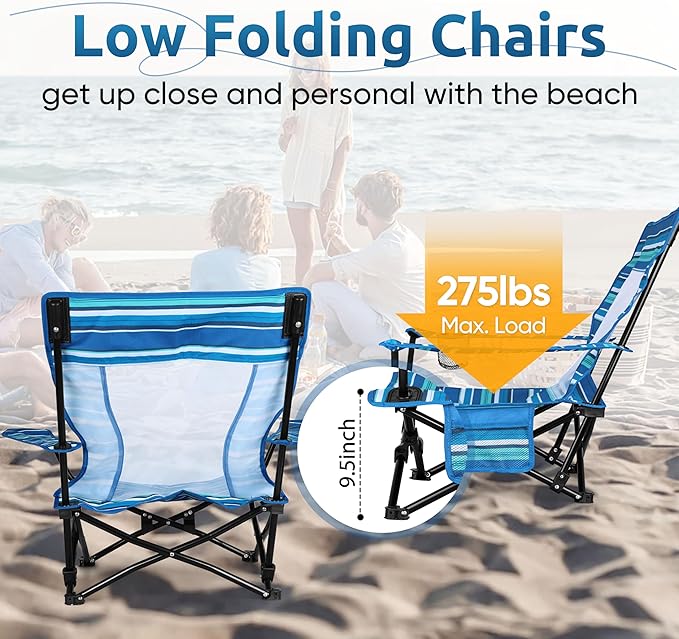 HaSteeL Folding Beach Chair Set of 2 Foldable Striped Camping Chairs for Outside Low Beach Chair Portable for Adults Fishing Picnic Outdoor BBQ Travel Sports Cup Holder &amp Storage Bag