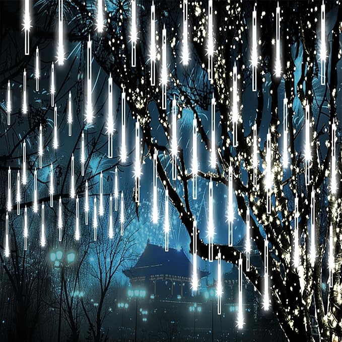 Meteor Shower Lights Outdoor Christmas Lights 24-Tube 576LEDs Snow Falling Rain Cascading Icicle String Light for Xmas Tree Christmas Decorations Wedding Party Holiday Yard Garden Decor UL Plug White