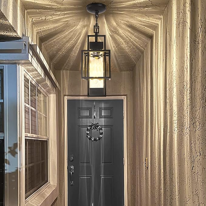 15 Outdoor Indoor Pendant Light Exterior Hanging Lantern Modern Black Metal Outside Chandelier Light Fixture Ceiling Mount with Water Glass for Front Porch Entrance Foyer Entryway (Bulb Included)
