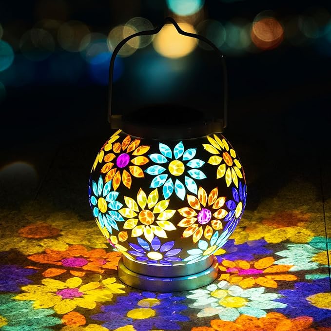 VOREEN Mosaic Solar Lanterns Handmade Outdoor Glass Hanging Lights Waterproof Solar Table Lamps Gift for Mom Wife Friend Decoration for Garden Patio Yard Party Balcony Floral Pattern
