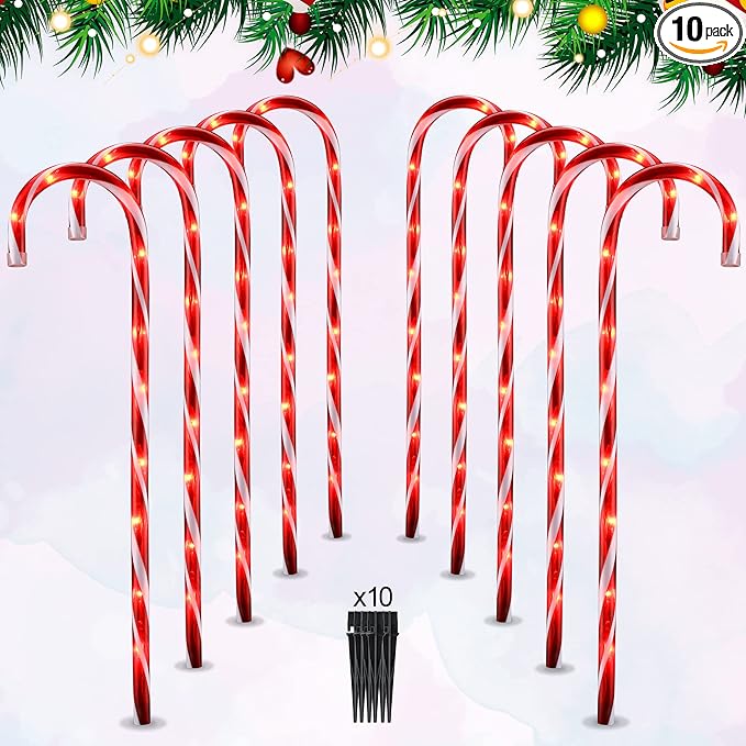 VCOKEN 30'' Christmas Candy Cane Pathway Markers Lights - Set of 10 Christmas Stakes Lights Outdoor Pathway Decorations Connectable &amp Light Up Xmas Holiday Party Yard Art Indoor Outdoor Ornament