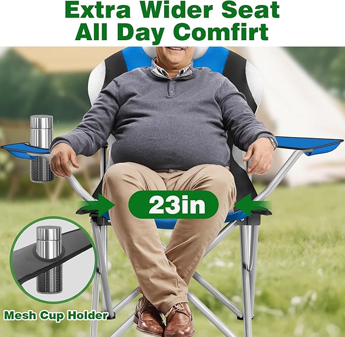 Camabel Folding Camping Chairs Oversized Heavy Duty 400 LBS Sturdy Beach Chair Portable Outdoor Lawn Chairs High Padded Back with Cup Holder Carry Bag for Sporting Hiking Picnics Fishing Concerts Blue