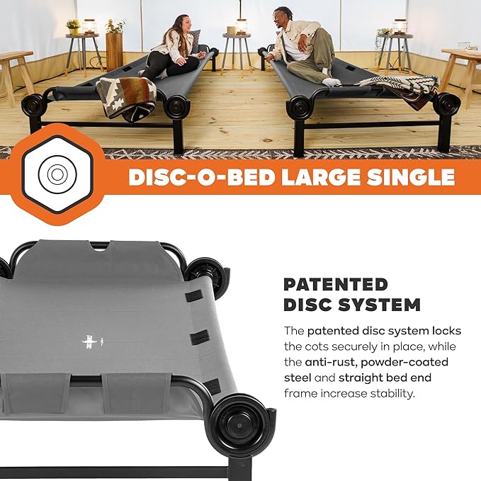 Disc-O-Bed Large Outdoor Modular 1 Person Single Camping Cot Portable Bed for Adults Sleep Solution for Tents Grey