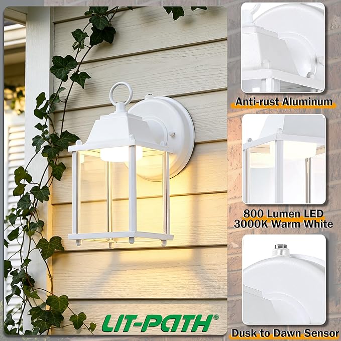 LIT-PaTH Small Outdoor LED Wall Lantern with Dusk to Dawn Photocell 3000K Warm White 9.5W 800 Lumen Aluminum Housing Plus Glass Outdoor Rated 1-Pack White
