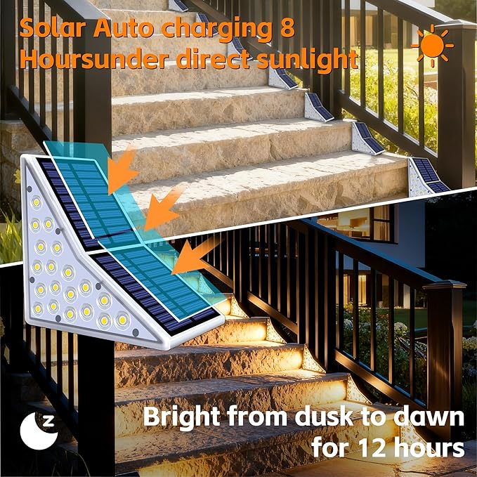 Solar Stair Lights Outdoor Waterproof IP65 Solar Outdoor Lighting 1200mAh19 LEDOutdoor Step Lightsfor Garden Stairs Decks Front Steps Porch and Terrace3000k Decorative Art(6Pack)